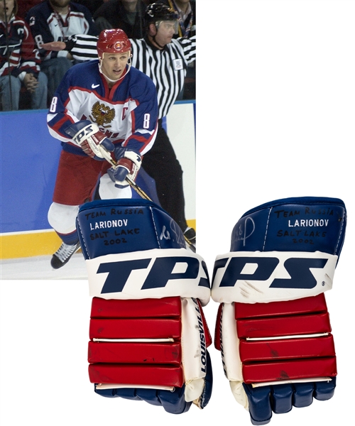 Igor Larionov’s 2002 Winter Olympics Team Russia Signed TPS Game-Used Gloves – Photo-Matched! 