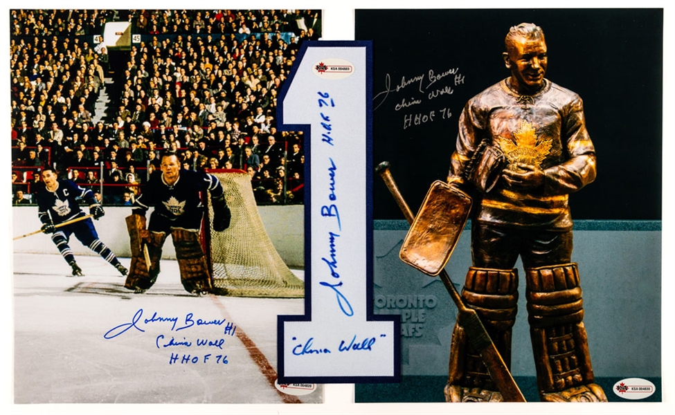 Deceased HOFer Johnny Bower Signed Jersey Number and Photos (2) with Annotations Plus Kid Line II (Kennedy, Lynn, Meeker) Multi-Signed Limited-Edition Photo #36/50 - All with COAs