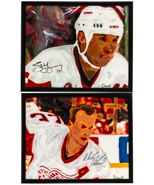Steve Yzerman and Niklas Lidstrom Signed Detroit Red Wings Original Framed Oil Paintings on Canvas (17" x 21") 
