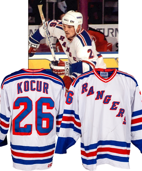 Joey Kocurs 1994-95 New York Rangers Game-Worn Jersey from His Personal Collection with LOA - Numerous Team Repairs! - Video-Matched to January 21st 1995 Brashear Fight!