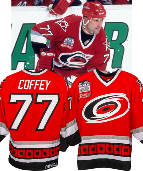 Paul Coffeys 1999-2000 Carolina Hurricanes Game-Worn Jersey from His Personal Collection with LOA - Raleigh Arena Inaugural Season and Chiasson "3" Patches!