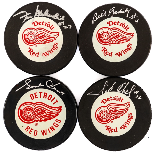 Detroit Red Wings HOFers Gordie Howe, Bill Gadsby, Sid Abel and Frank Mahovlich Signed Pucks (4) 