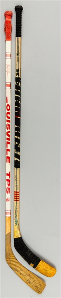 Bob Probert’s Late-1980s and Joey Kocur’s Circa 1988 Team-Signed Detroit Red Wings Game-Used Sticks 