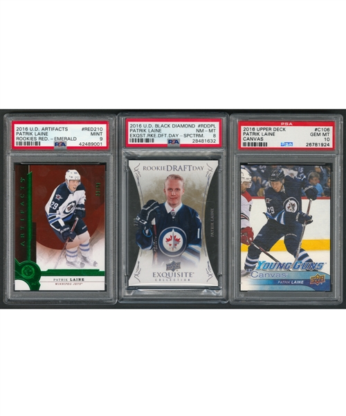 Patrik Laine Hockey Cards (3) Including 2016-17 Black Diamond Exquisite Rookie Draft Day Spectrum Hockey Card #RDD-PL (2/2)(PSA 8) and 2016-17 Young Guns Canvas #C106 Rookie (PSA 10) 