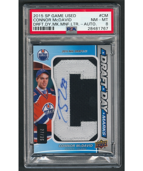 2015-16 Upper Deck SP Game Used Draft Day Marks Hockey Card #DDM-CM Connor McDavid Rookie Autograph (27/35) - Graded PSA 8