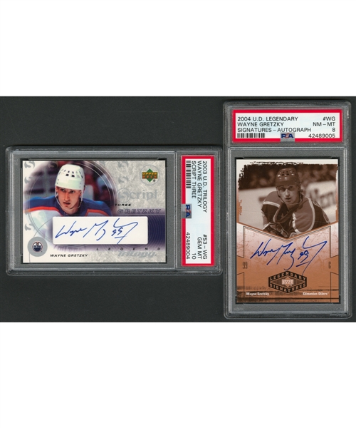 2003-04 Upper Deck Trilogy Script Three Hockey Card #S3-WG Wayne Gretzky (PSA 10) and 2004-05 Upper Deck Legendary Signatures Hockey Card #WG Wayne Gretzky (PSA 8)