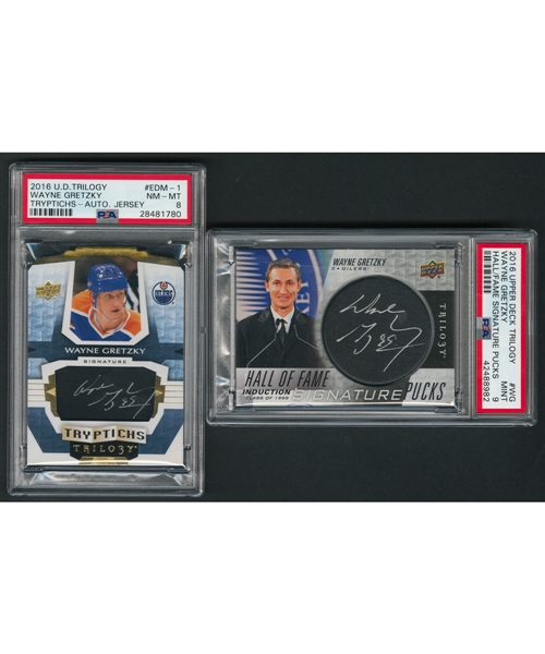 2016-17 UD Trilogy Tryptichs Signature Hockey Card #T-EDM-1 Wayne Gretzky Autograph (06/20)(PSA 8) and 2016-17 UD Trilogy Hall of Fame Signature Pucks Hockey Card #HOFI-WG Wayne Gretzky (PSA 9)