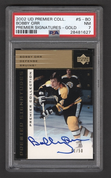 2002-03 Upper Deck Premier Collection Premier Signatures Hockey Card #S-BO Bobby Orr Gold (01/50) - Graded PSA 7 - Pop 1