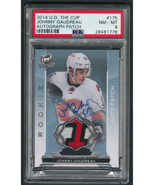 2014-15 Upper Deck The Cup Hockey Card #175 Johnny Gaudreau Rookie Autograph/Patch (27/99) - Graded PSA 8