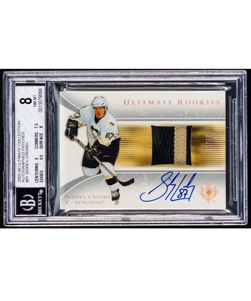 2005-06 Upper Deck Ultimate Collection Ultimate Rookies Hockey Card #91 Sidney Crosby Autographed/Patches (02/25) - Graded Beckett 8