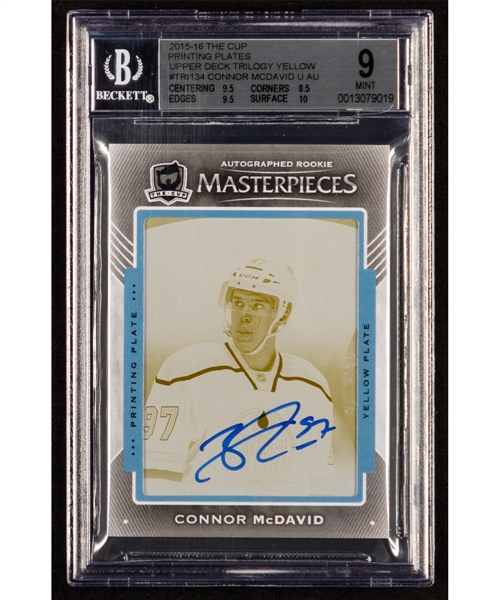 2015-16 The Cup Printing Plates Upper Deck Trilogy Yellow Autographed Rookie Masterpieces Hockey Card #TRI-134 Connor McDavid (1/1) - Graded Beckett 9