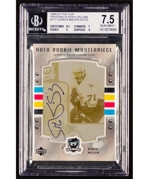 2006-07 The Cup Auto Rookie Masterpiece Printing Plates Yellow Hockey Card #Y-171 Evgeni Malkin (1/1)(Beckett 7.5) and 2006-07 UD The Cup Scripted Swatches #SS-EM Evgeni Malkin (08/25)