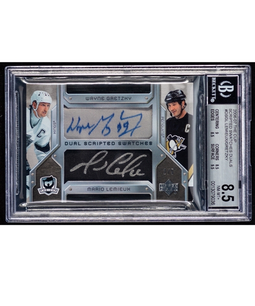 2006-07 Upper Deck The Cup Scripted Swatches Duals Hockey Card #DS-GL Wayne Gretzky/Mario Lemieux Autographs/Patches (2/5) - Graded Beckett 8.5 - Highest Graded!