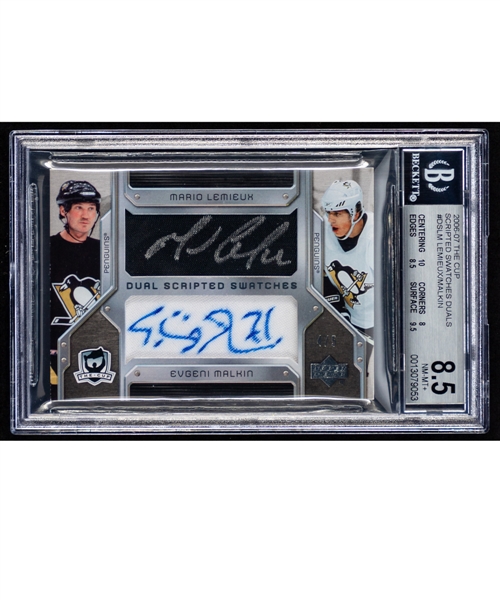2006-07 Upper Deck The Cup Scripted Swatches Duals Hockey Card #DS-LM Mario Lemieux/Evgeni Malkin Autographs/Patches (4/5) - Graded Beckett 8.5 - Highest Graded!