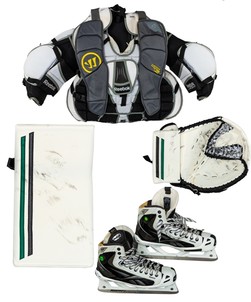 Tim Thomas 2013-14 Dallas Stars Reebok 16K Game-Used Skates, Game-Worn Warrior Chest Protector and Used Glove and Blocker with His Signed LOA