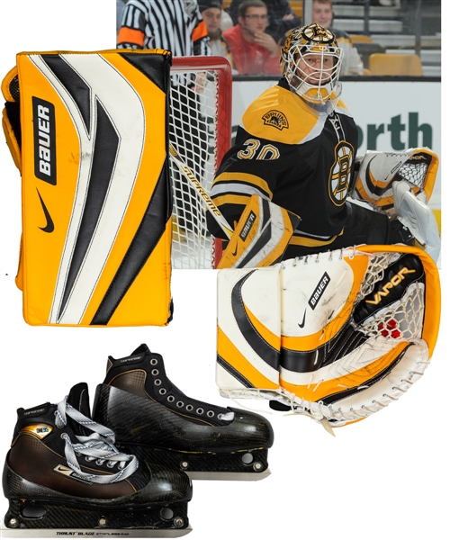 Tim Thomas 2008-09 Boston Bruins Bauer Worn Glove (Vezina and William M. Jennings Trophies Season) Plus 2007-08 Used Bauer Blocker and Bauer Used Skates with His Signed LOA 