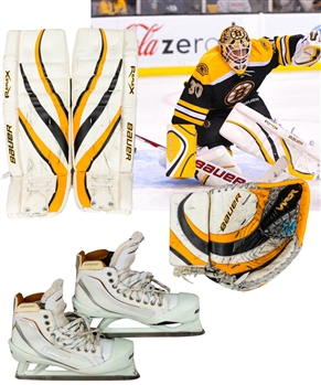 Tim Thomas 2009-10 Boston Bruins Photo-Matched Bauer Game-Worn Pads, 2009-10 Photo-Matched Bauer Game-Used Glove and Bauer Used Skates with His Signed LOA 