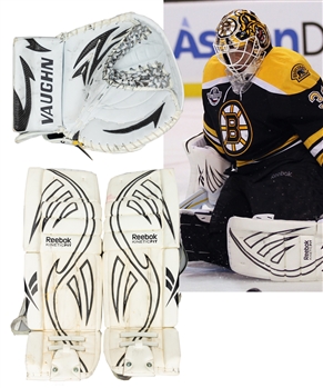 Tim Thomas 2010-11 Boston Bruins Photo-Matched Pre-Season Reebook Pads (Conn Smythe and Vezina Trophies Season) and Vaughn Used Glove with His Signed LOA