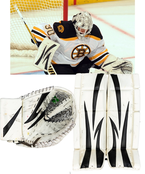 Tim Thomas 2011-12 Boston Bruins Photo-Matched Game-Worn Pads (Regular Season) and Photo-Matched Game-Used Glove (Playoffs) with His Signed LOA 
