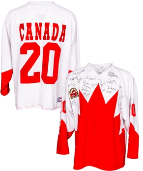 Peter Mahovlichs 1972 Canada-Russia Series Team Canada "Team of the Century" Team-Signed Jersey by 24 Including Dryden, Ferguson, Mikita, Henderson and Esposito Brothers with His Signed LOA