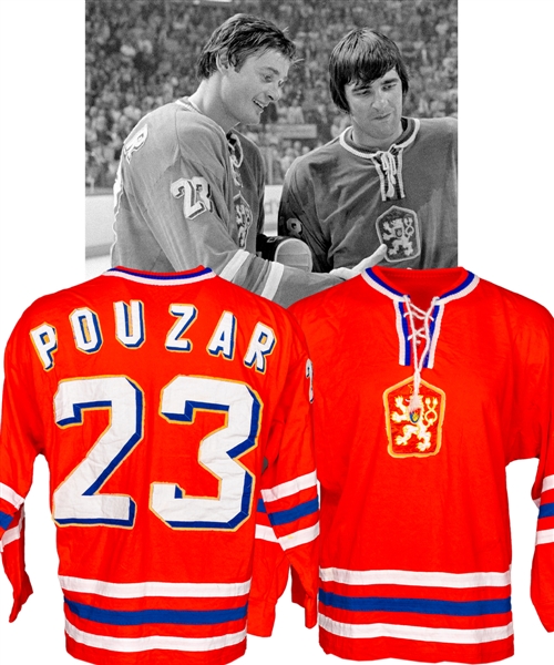 Jaroslav Pouzars 1976 Canada Cup Team Czechoslovakia Game-Worn Jersey from Peter Mahovlichs Personal Collection with His Signed LOA