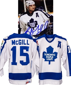 Bob McGills 1986-87 Toronto Maple Leafs Game-Worn Jersey - Team Repairs! - Heart & Stroke Foundation and King Clancy Memorial Patches!