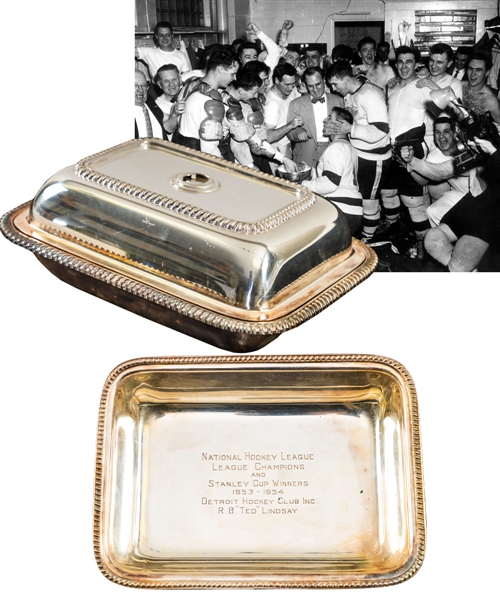Ted Lindsays 1953-54 Detroit Red Wings League Champions and Stanley Cup Champions Serving Dish with Family LOA 