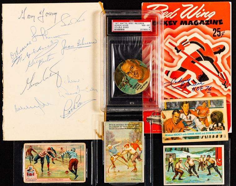 1971 Charlie Conacher Awards Signed Program Including Howe & Orr, 1953 Johnny Bower Signed 1st NHL Game Program, 1971 Mattel Mini-Records Gordie Howe (PSA 8) and 1890s/1900s Hockey Trade Cards (3)