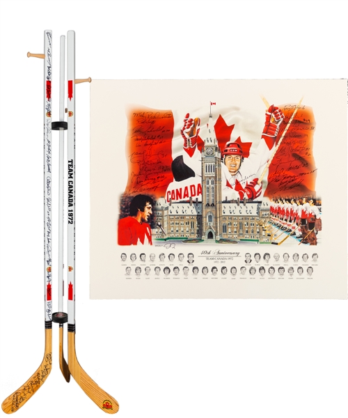 Peter Mahovlichs 1972 Canada-Russia Series 40th Anniversary Team-Signed Lithograph by 25, Team-Signed Hockey Stick Coat Rack by 27 and Memorabilia with His Signed LOA