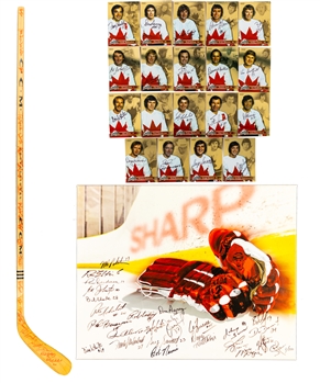 Peter Mahovlichs 1972 Team Canada/NHL Alumni LE Team-Signed Framed Canvas by 25, 1972 Team Canada Team-Signed Hockey Stick by 26 and LE Watch #20/500 with 19 Signed Card Set with His Signed LOA