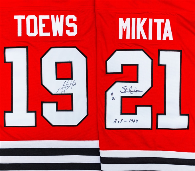 Signed Hockey Jersey Collection of 4 Including Stan Mikita and Jonathan Toews from Peter Mahovlichs Personal Collection with His Signed LOA