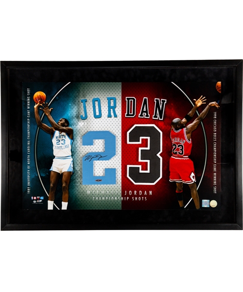 Michael Jordan Signed University of North Carolina/Chicago Bulls "Championship Shots" Framed Display with UDA COA (23 ½” x 33 ½”)