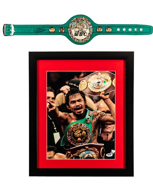 Floyd Mayweather Jr. and Manny Pacquiao Dual-Signed Full-Size WBC World Champion Belt (PSA/DNA) Plus Manny Pacquiao Signed Framed Photo (PSA/DNA) and 2015 Mayweather vs Pacquiao Fight Ticket
