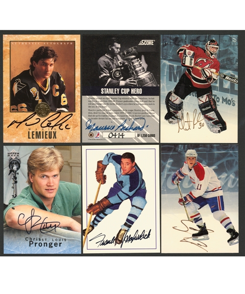 1990s Signed Hockey Cards (13) Including 1993-94 Leaf Mario Lemieux, 1992-93 Score Maurice Richard "Stanley Cup Hero" and 1995-96 Parkhurst Martin Brodeur
