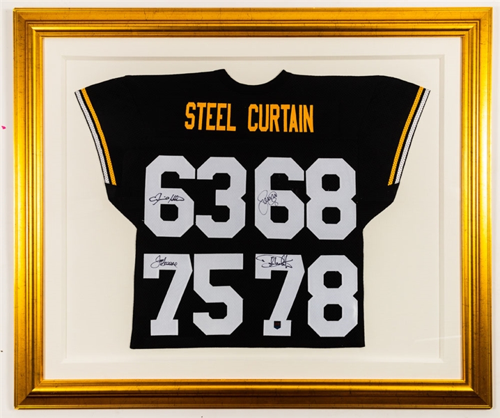 Pittsburgh Steelers "Mean" Joe Greene, L. C. Greenwood, Ernie Holmes and Dwight White Signed “Steel Curtain” Framed Jersey (44” x 52 ½”) 