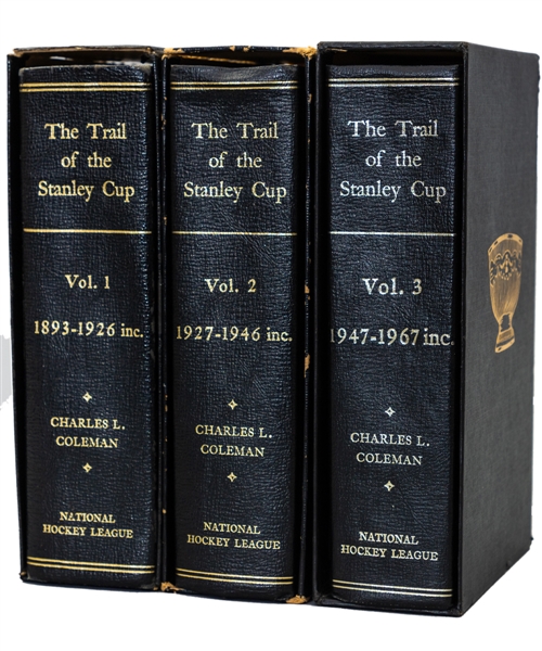 Brian McFarlanes "The Trail of the Stanley Cup" Leather-Bound Three-Volume Book Set from His Personal Collection with His Signed LOA