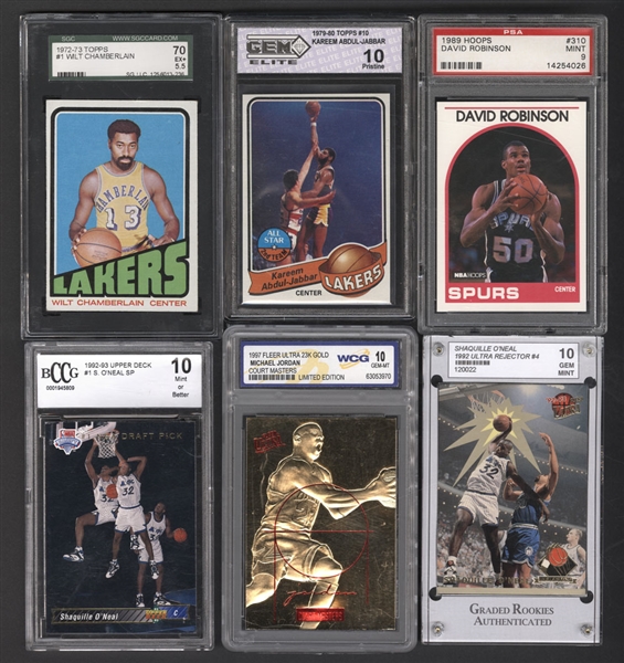 1972 to 1997 Graded Basketball Card Collection (6) Including 1972-73 Topps #1 Wilt Chamberlain (SGC 5.5) and 1989 Hoops #310 David Robinson Rookie (PSA 9)
