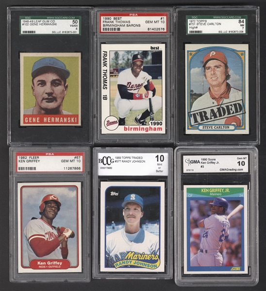 1948 to 1990 Graded Baseball Card Collection (10) Including 1990 Best #1 Frank Thomas Rookie (PSA 10) and 1972 Topps #751 Steve Carlton (SGC 7)