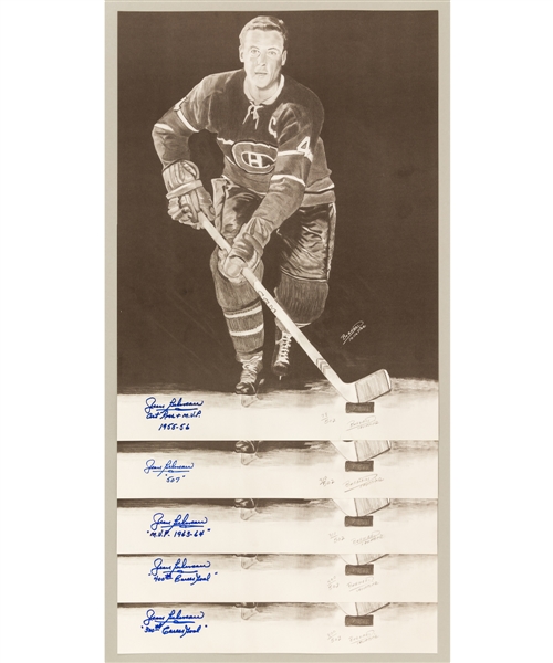Jean Beliveau Signed Montreal Canadiens Limited-Edition Lithographs with Annotations (45) - "Art Ross + MVP 1955-56" - "300th Career Goal" - "400th Career Goal" - "MVP 1963-64" - "507 (Goals)"