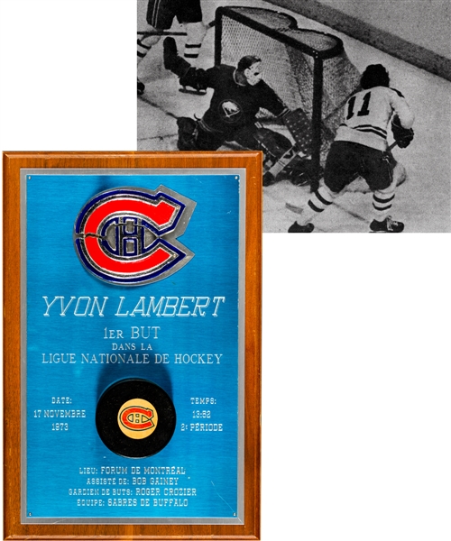Yvon Lamberts November 17th 1973 Montreal Canadiens First NHL Goal Puck Plaque from His Personal Collection with LOA (10" x 15")