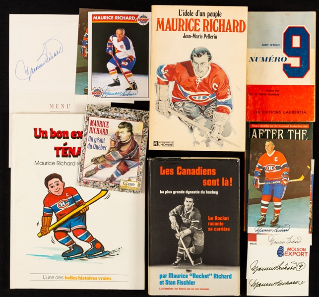 Deceased HOFer Maurice Richard Signed Hockey Books and Signed Montreal Canadiens Postcards (13 Items)