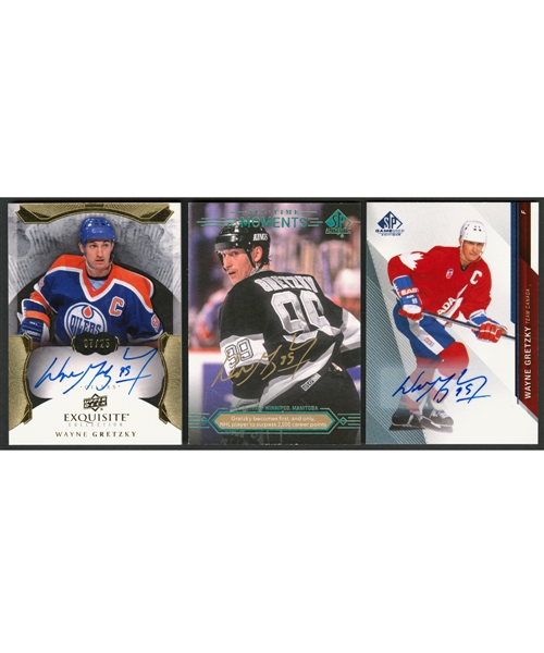 2014-15 The Cup Exquisite Collection Inserts #1 Wayne Gretzky Autograph (07/25), 2014-15 SP Authentic All-Time Moments #184 Wayne Gretzky Autograph and 2014-15 SP Game Used #1 Gretzky Team Canada Auto