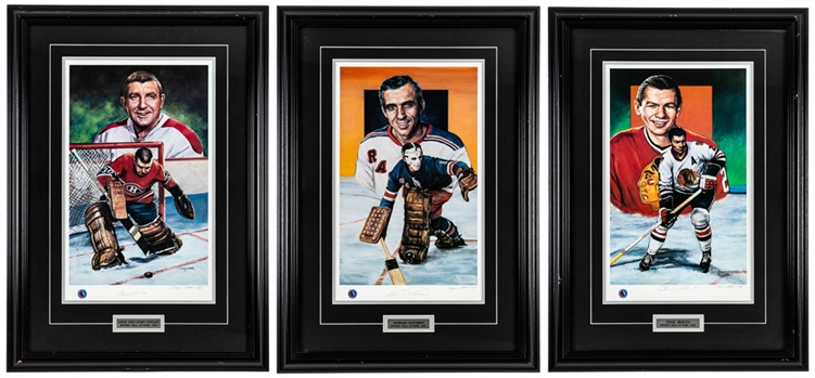 Stan Mikita, Eddie Giacomin and Gump Worsley Signed Framed Limited-Edition Hockey Hall of Fame Art Prints by Doug West with COAs
