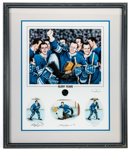 Toronto Maple Leafs “Glory Years” Framed Daniel Parry Limited-Edition Lithograph #48/100 Collectors Edition Signed by Bobby Baun, Johnny Bower and Ron Ellis with LOA (27 1/4” x 32”)