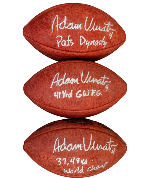Adam Vinatieri Signed Super Bowl XXXVI, XXXVIII and XXXIX Official Footballs (3) with Annotations