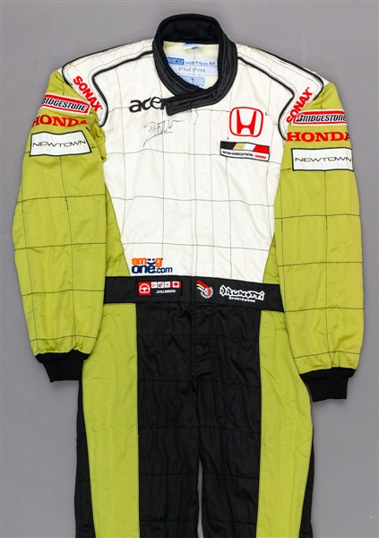 Jacques Villeneuves 2002 Lucky Strike BAR Honda F1 Team Signed Test/Practice-Worn Suit (No Sponsorship) with His Signed LOA