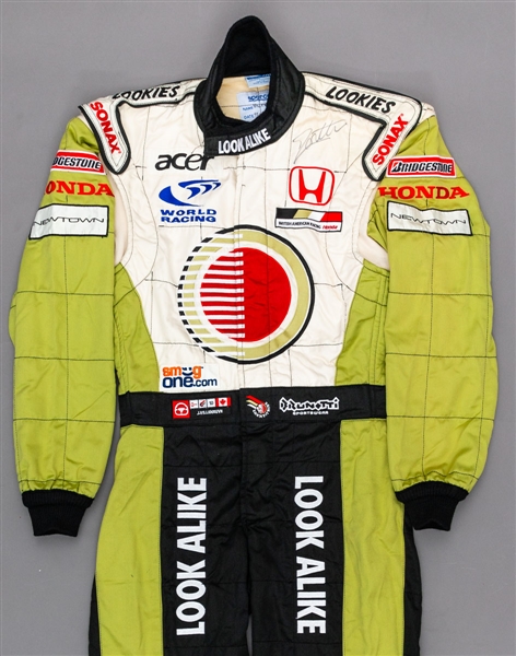 Jacques Villeneuves 2002 Lucky Strike BAR Honda F1 Team Signed Race-Worn Suit (Look Alike Sponsorship) with His Signed LOA