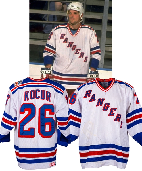 Joey Kocurs 1993-94 New York Rangers Game-Worn Stanley Cup Finals Jersey - 1994 Stanley Cup Finals Patch! - 35+ Team Repairs! - Photo-Matched to Eastern Conference Finals and Stanley Cup Finals!