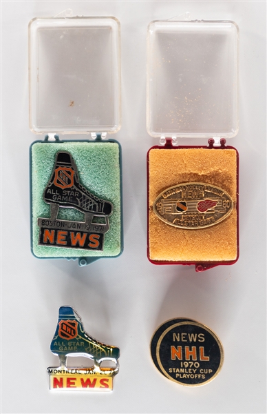 Tom Johnsons NHL All-Star Game Memorabilia Collection Inc. 1971, 1975 and 1980 All-Star Game Press Pins and 1970 NHL News Playoffs Pin from His Personal Collection with LOA