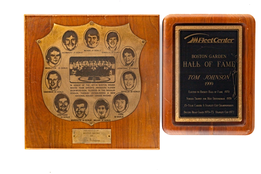 Tom Johnsons Boston Bruins Collection Inc. Boston Garden Hall of Fame Plaque and 1977-78 Bruins Plaque from His Personal Collection with LOA